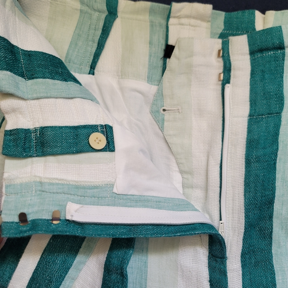 J.CREW Paper Bag Linen Pant In Cabana Stripe Women's Size10 Turquoise Jade White - Picture 8 of 16
